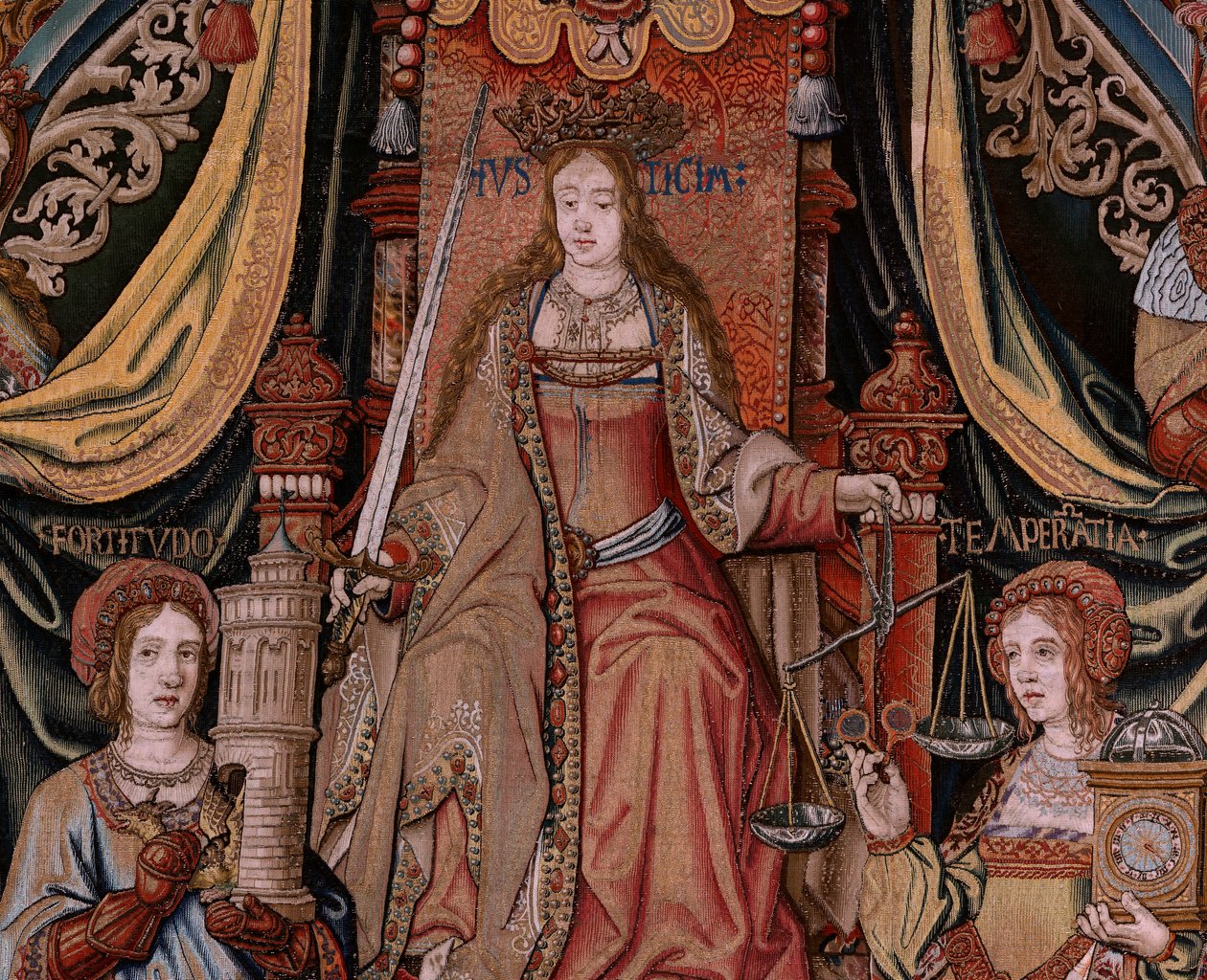 Flamand kárpit. A kitüntetések sorozat. Igazságszolgáltatás (La Justicia, Los Honores). Kilencedik kárpit a sorozatban. Modell karikaturisták Bernard van Orley és Jan Gossaert (Mabuse) köréből. Gyártás Pieter van Aelst, Brüsszel. 1550 körül. Szövet Arany,  alkotó: Bernard van Orley