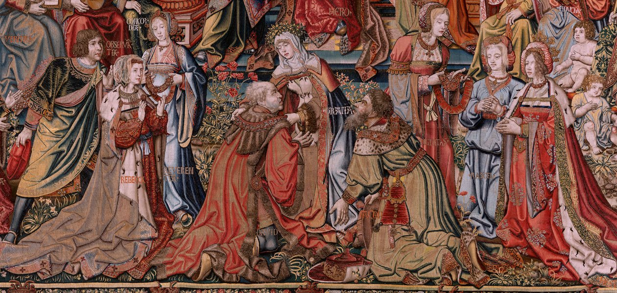 Flamand kárpit. A kitüntetések sorozat. Igazságszolgáltatás (La Justicia, Los Honores). Kilencedik kárpit a sorozatban. Modell karikaturisták Bernard van Orley és Jan Gossaert (Mabuse) köréből. Gyártás Pieter van Aelst, Brüsszel. 1550 körül. Szövet Arany,  alkotó: Bernard van Orley