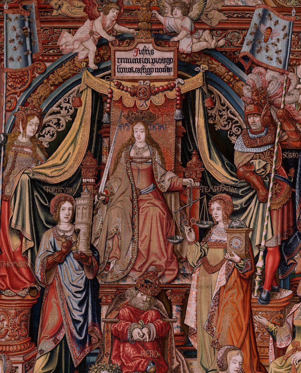 Flamand kárpit. A kitüntetések sorozat. Igazságszolgáltatás (La Justicia, Los Honores). Kilencedik kárpit a sorozatban. Modell karikaturisták Bernard van Orley és Jan Gossaert (Mabuse) köréből. Gyártás Pieter van Aelst, Brüsszel. 1550 körül. Szövet Arany,  alkotó: Bernard van Orley
