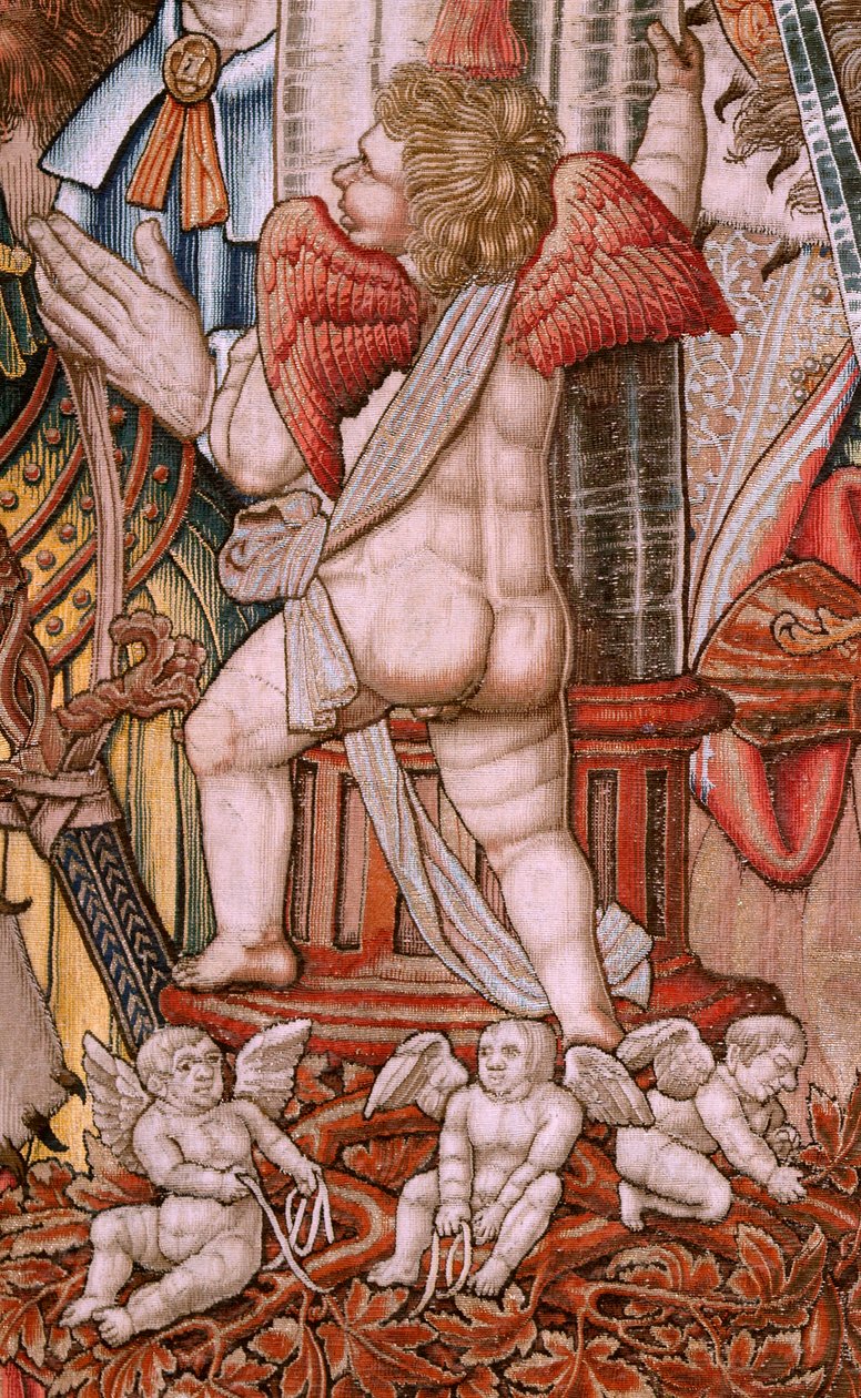 Flamand kárpit. Sorozat The Honours; Nemesség (La Nobleza). A sorozat negyedik kárpitja. Modell karikaturisták Bernard van Orley és Jan Gossaert (Mabuse) köréből. Gyártás Pieter van Aelst, Brüsszel. 1550 körül. Szövet Arany, ezüst, selyem és gyapjú alkotó: Bernard van Orley