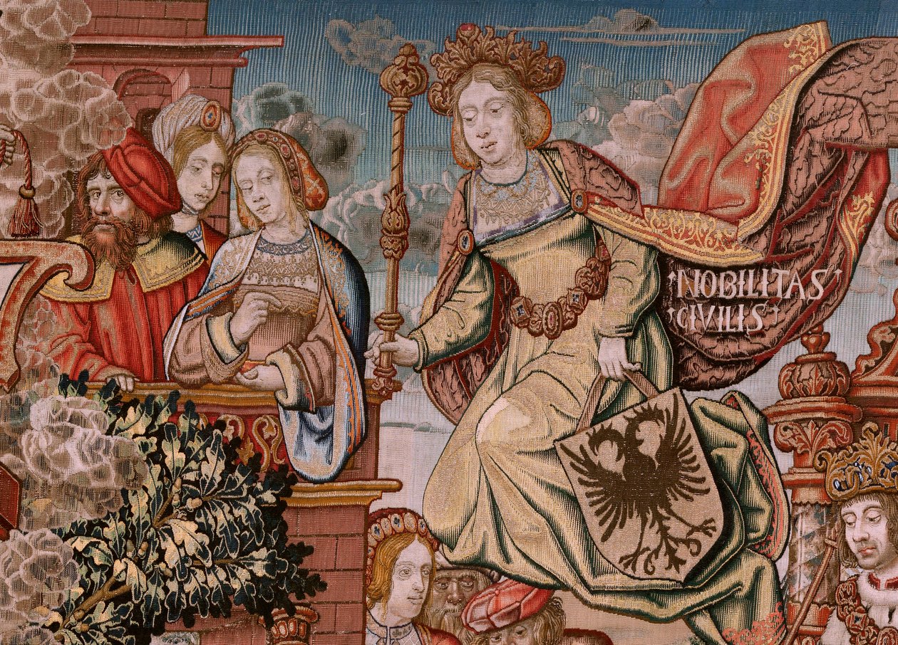 Flamand kárpit. Sorozat The Honours; Nemesség (La Nobleza). A sorozat negyedik kárpitja. Modell karikaturisták Bernard van Orley és Jan Gossaert (Mabuse) köréből. Gyártás Pieter van Aelst, Brüsszel. 1550 körül. Szövet Arany, ezüst, selyem és gyapjú alkotó: Bernard van Orley