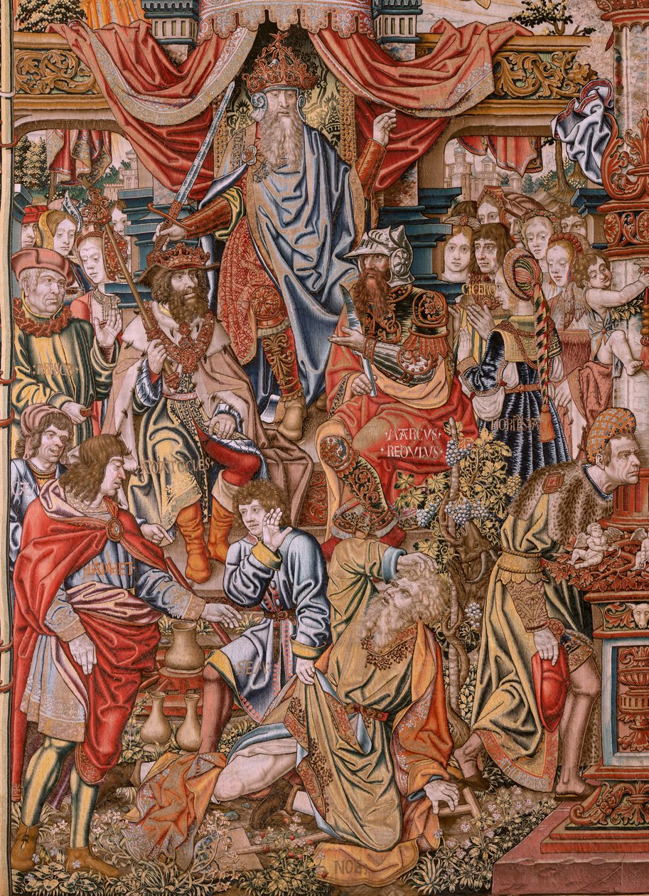 Flamand kárpit. Sorozat The Honours; Nemesség (La Nobleza). A sorozat negyedik kárpitja. Modell karikaturisták Bernard van Orley és Jan Gossaert (Mabuse) köréből. Gyártás Pieter van Aelst, Brüsszel. 1550 körül. Szövet Arany, ezüst, selyem és gyapjú alkotó: Bernard van Orley