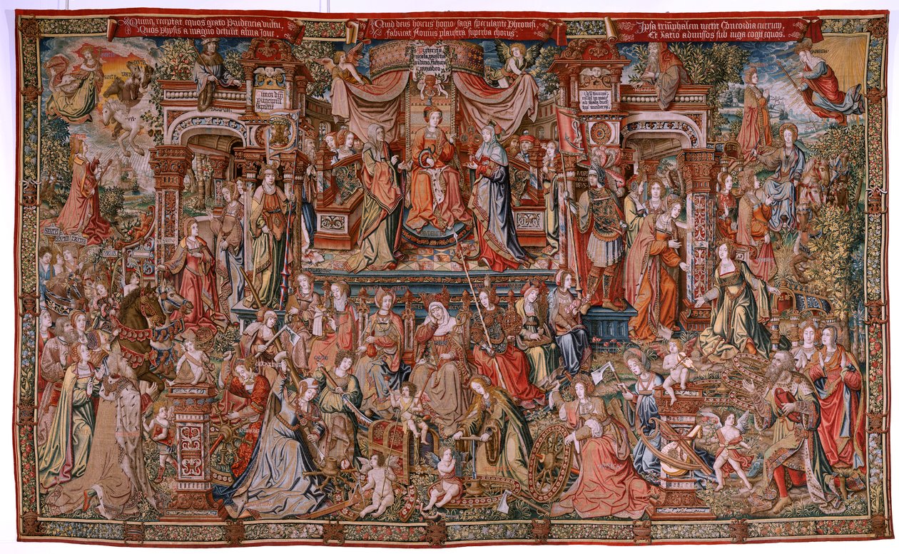 Flamand kárpit. Sorozat The Honours; Prudence (La Prudencia).A sorozat hetedik kárpitja. Modell karikaturisták Bernard van Orley és Jan Gossaert (Mabuse) köréből. Gyártás Pieter van Aelst, Brüsszel. Kb. 1550. Szövet Arany, ezüst, selyem és w alkotó: Bernard van Orley