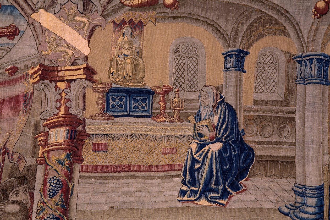Flamand gobelin. Sorozat The Legend of the Madonna of the Sablon (The Legend of Our Lady of the Sablon). A Madonna-szobor érkezése. Brüsszeli gyártás. Barend van Orley karikaturista alkotó: Bernard van Orley