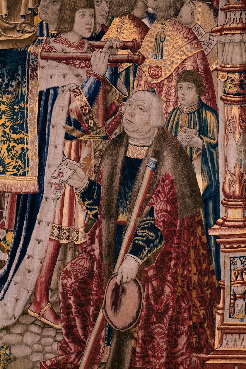 Flamand kárpit. Sorozat The Legend of the Madonna of the Sablon (The Legend of Our Lady of the Sablon). A Madonna-szobor érkezése. Brüsszeli gyártás. Barend van Orley karikaturista alkotó: Bernard van Orley