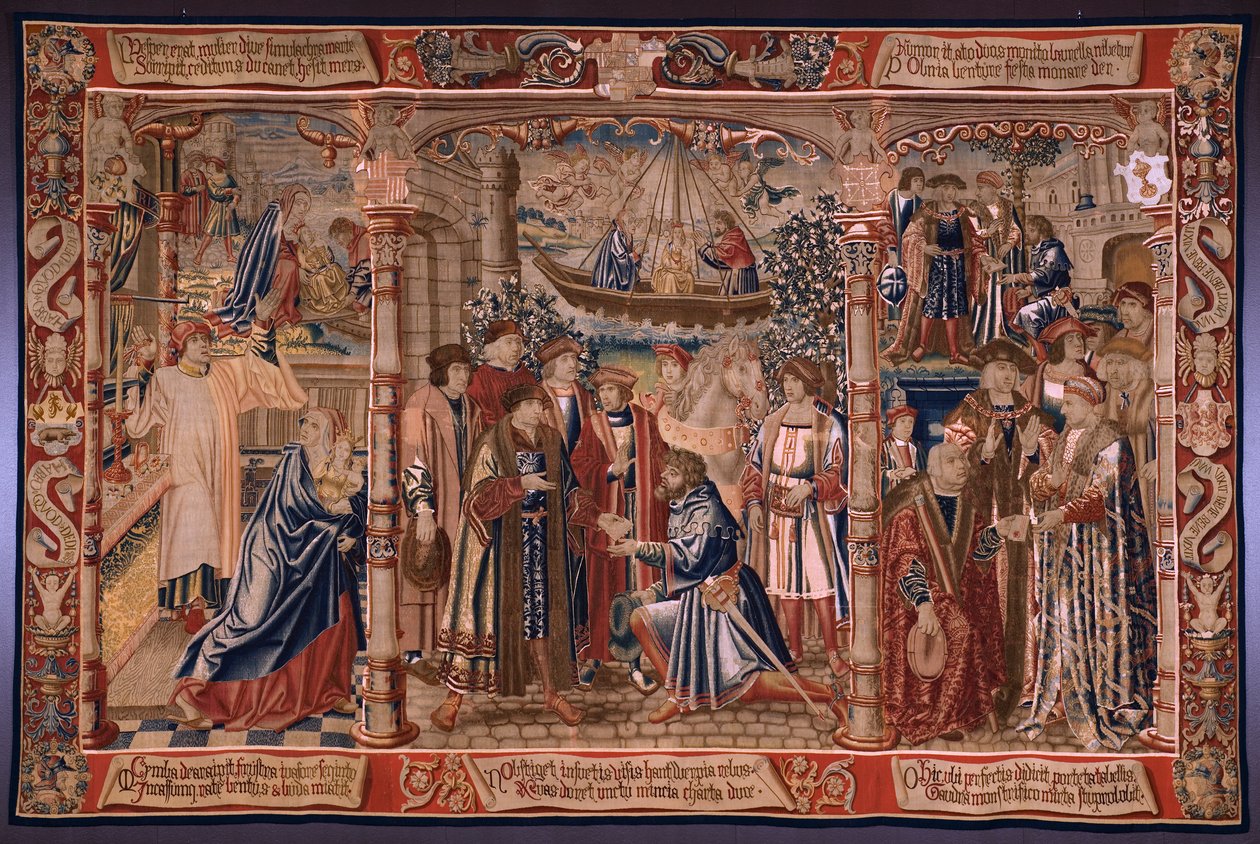 Flamand kárpit. Sorozat The Legend of the Madonna of the Sablon (The Legend of Our Lady of the Sablon). A Madonna szobra Sablon templomába kerül (A Szűzanya szobra a Sablon templomba kerül, La Estatua de alkotó: Bernard van Orley