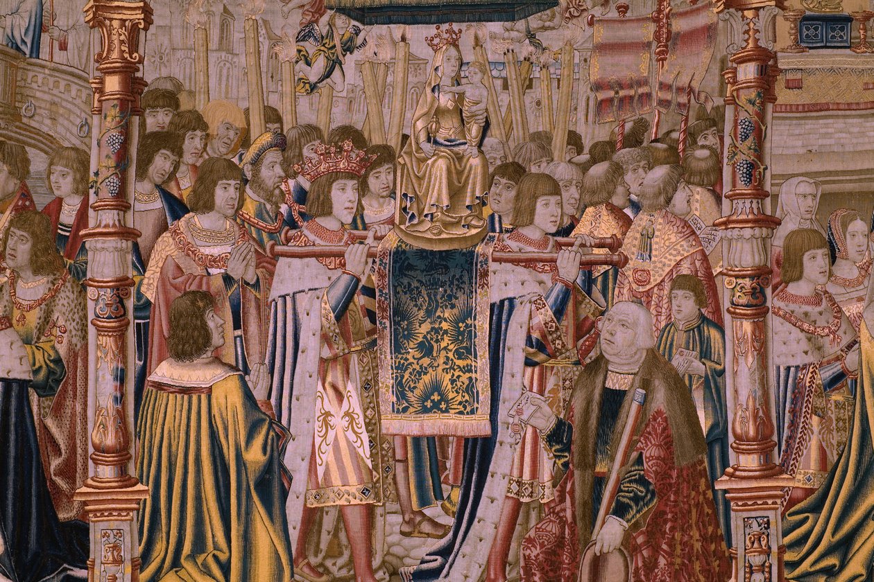 Flamand kárpit. Sorozat The Legend of the Madonna of the Sablon (The Legend of Our Lady of the Sablon). A Madonna-szobor érkezése. Brüsszeli gyártás. Barend van Orley karikaturista alkotó: Bernard van Orley