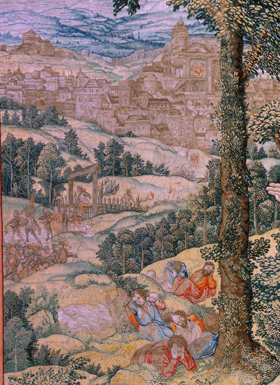 Flamand gobelin. Sorozat Krisztus szenvedélye (The square passion). Krisztus az Olajfák hegyén. Gyártás Pieter de Pannemaeker, Brüsszel. Barend van Orley karikaturista. 1518-1522 körül. alkotó: Bernard van Orley