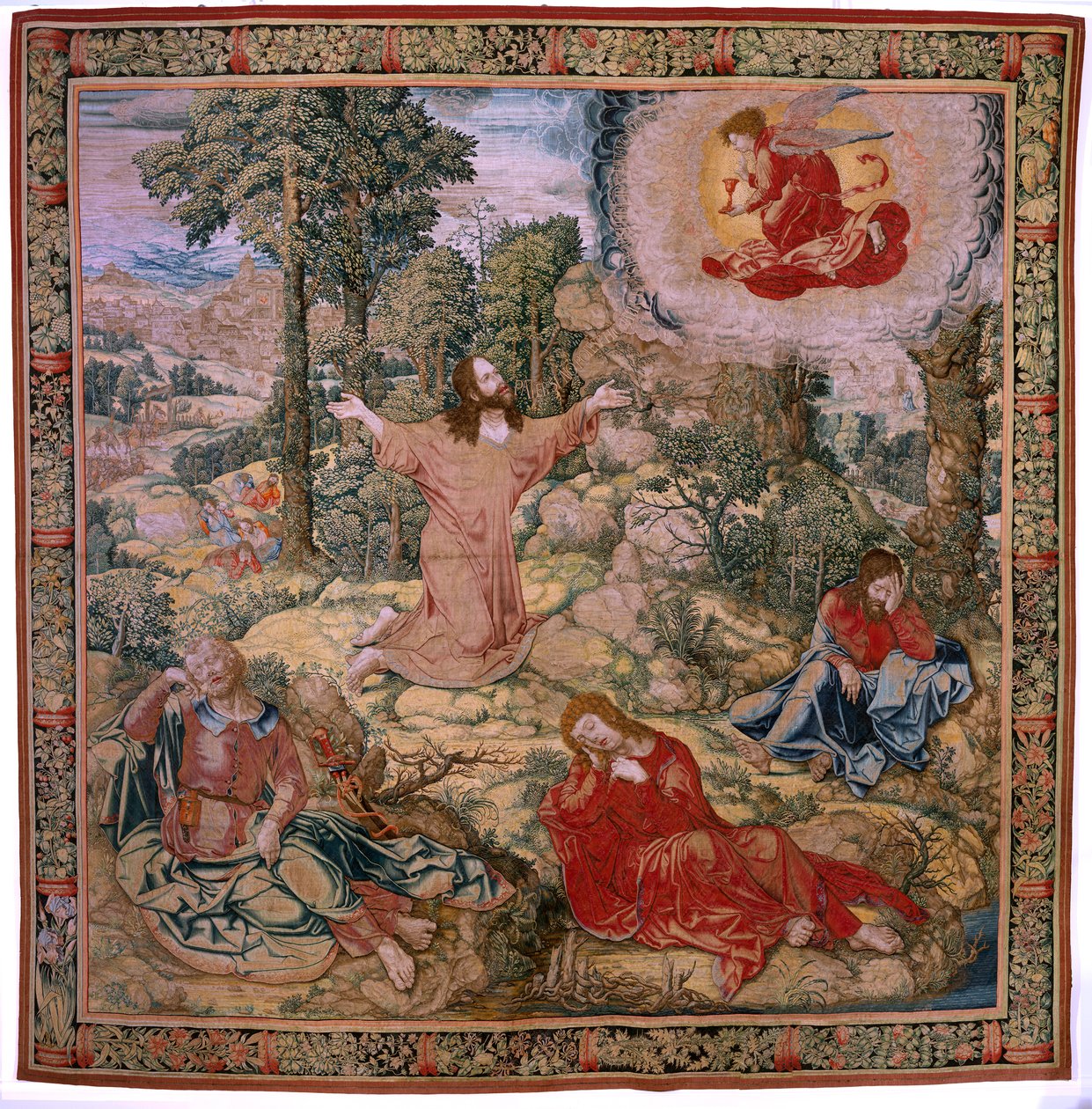 Flamand kárpit. Sorozat Krisztus szenvedélye. Krisztus az Olajfák hegyén. Gyártás Pieter de Pannemaeker, Brüsszel. Barend van Orley karikaturista. kb 1518-1522. alkotó: Bernard van Orley
