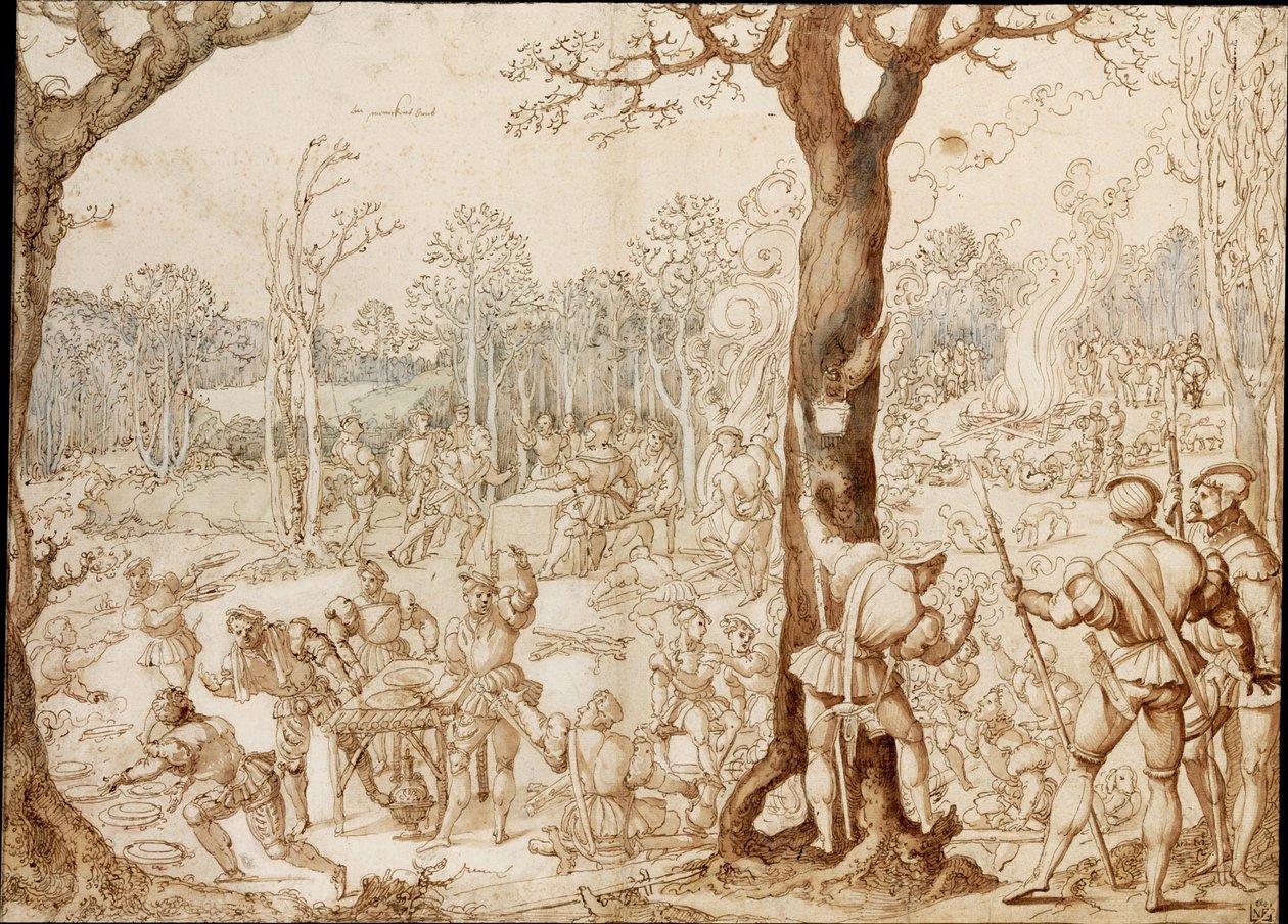 A játék megosztása (bankettjelenet az erdőben, egy vadásznap alatt) - Bernaert van Orley (1488-1541) munkája (Barend, Barent, Bernard van Brussel), tinta, papír (37 ,6x57,7) alkotó: Bernard van Orley