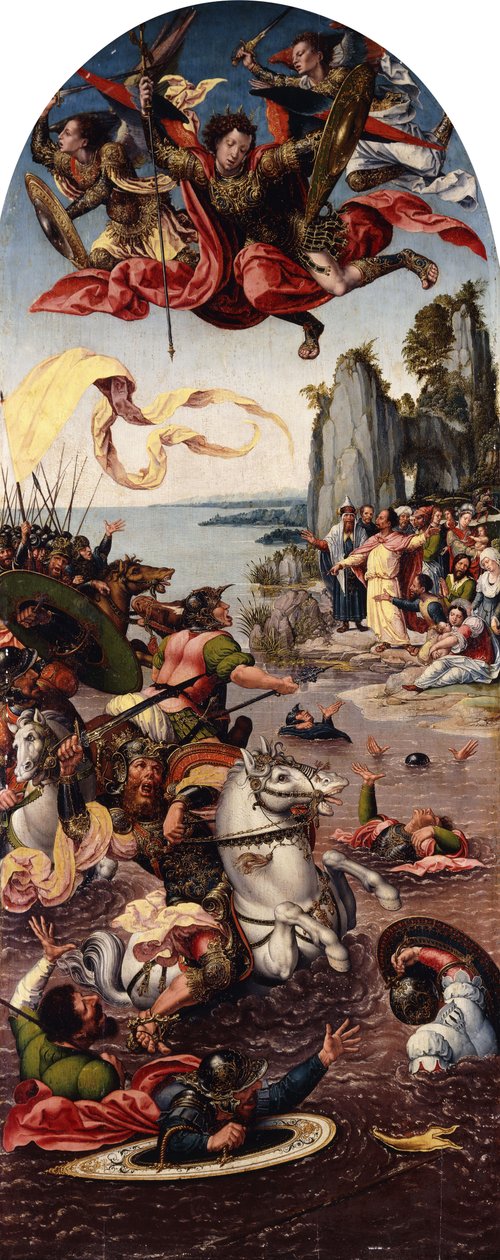 Mózes megosztja a Vörös-tengert Szent Mihály jelenlétében, alkotó: Bernard van Orley