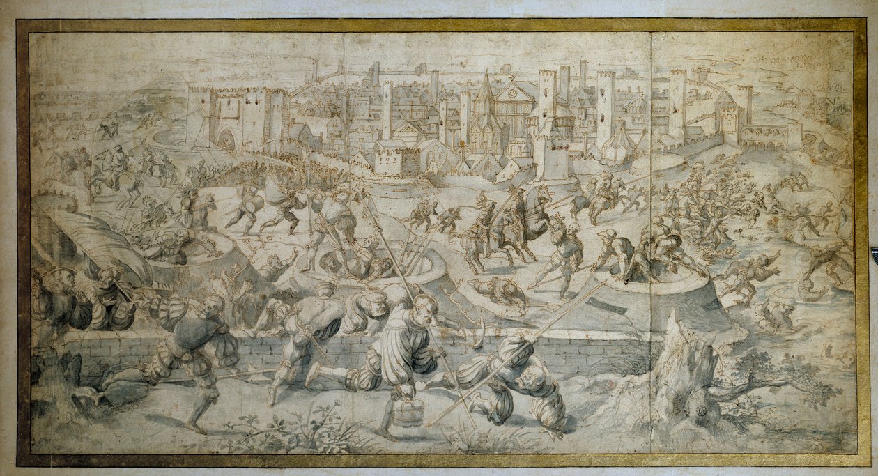 Hatodik olasz háború (1521-1526): "" A páviai csata 1525. február 25-én, kilépés a páviai helyőrségből és a svájciak elől"" A paviai csatában (Pavia) I. Francois vereséget szenvedett V. Károly ellen. Rajz Bernard Van Horley (1488-1541) 1525 Párizs alkotó: Bernard van Orley