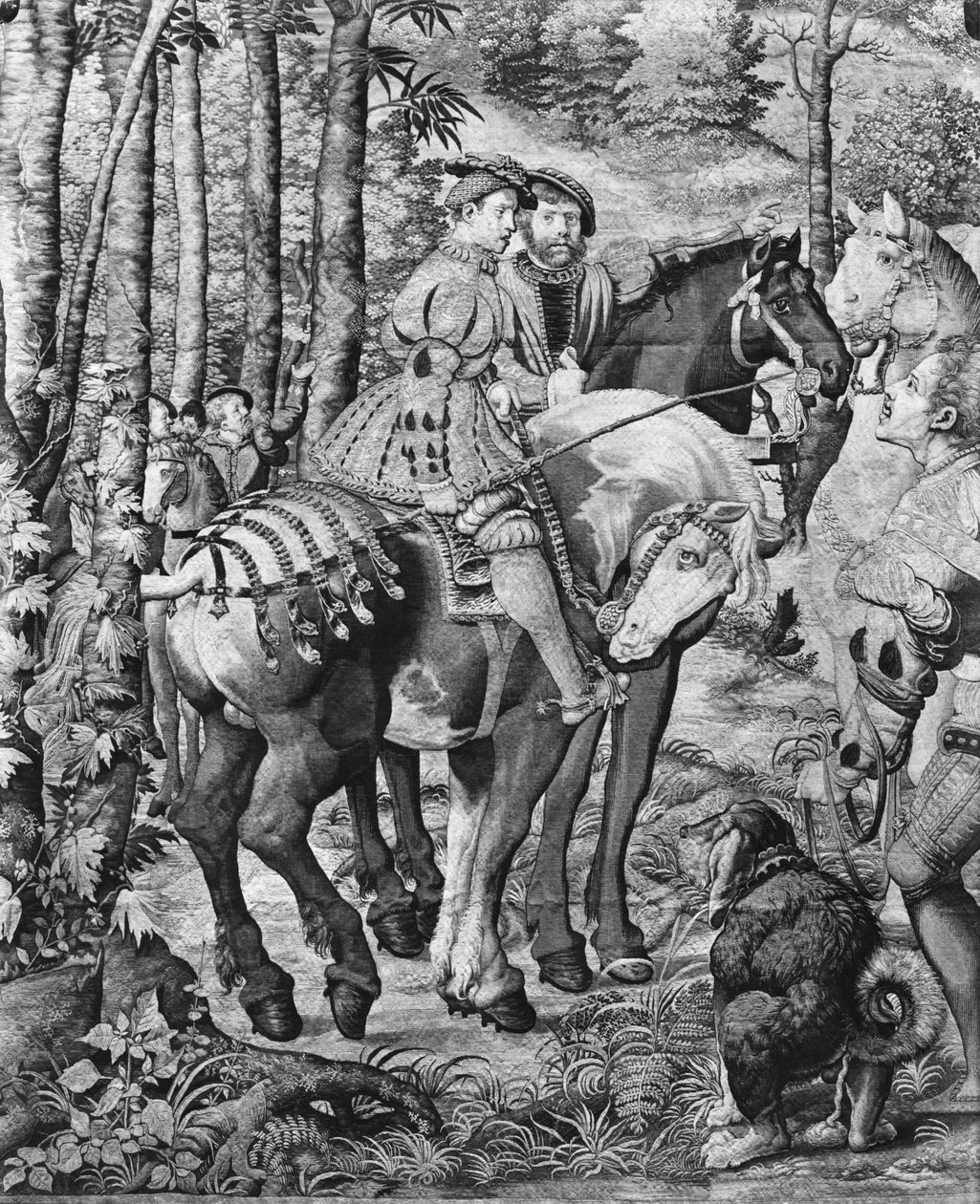 Maximilian vadászatai, Leo, Szarvasvadászat, Jelentés, Gobelingyár (szőnyeg) alkotó: Bernard van Orley