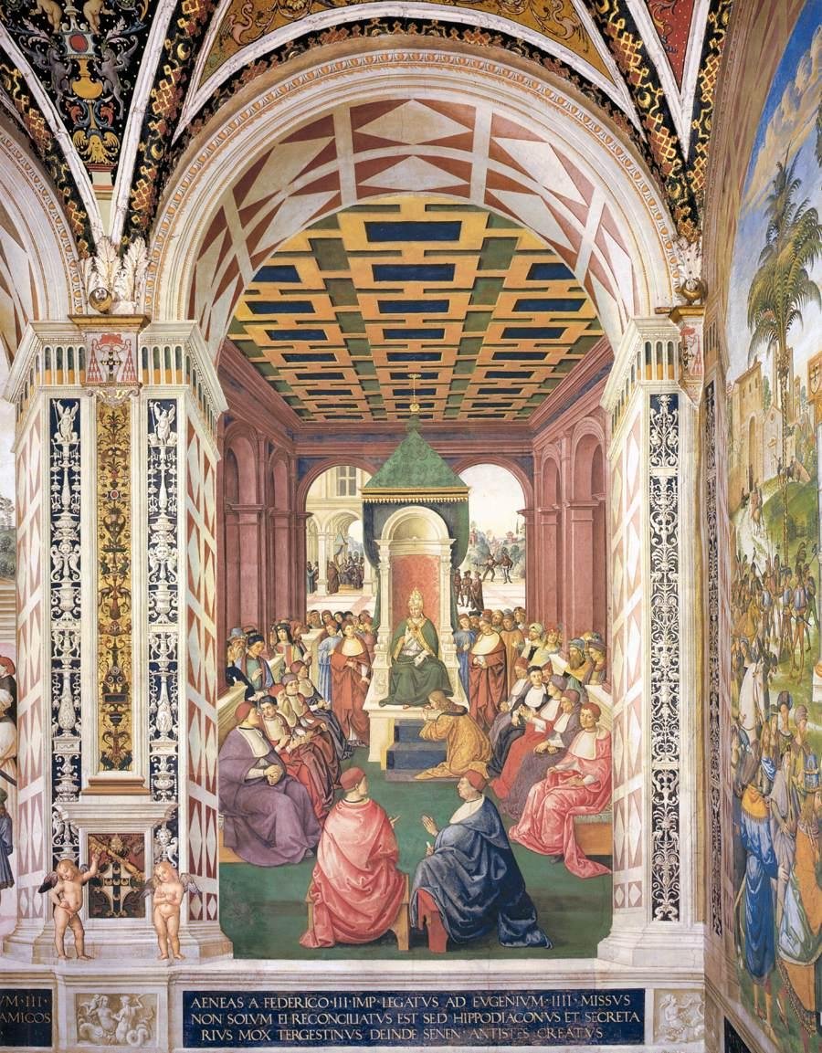 Hódolat IV. Eugenius pápa előtt Frigyes császár nevében alkotó: Bernardino di Betto Pinturicchio