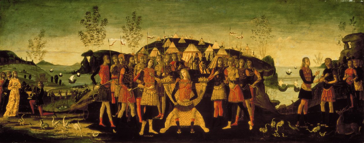 Scipio Africanus (Kr. e. 237-183), római hadvezér a fogoly numidiai Sphax herceggel, akinek felesége, Sophonisba karthágói nemesnő áll balra, 1490 körül. alkotó: Bernardino Fungai