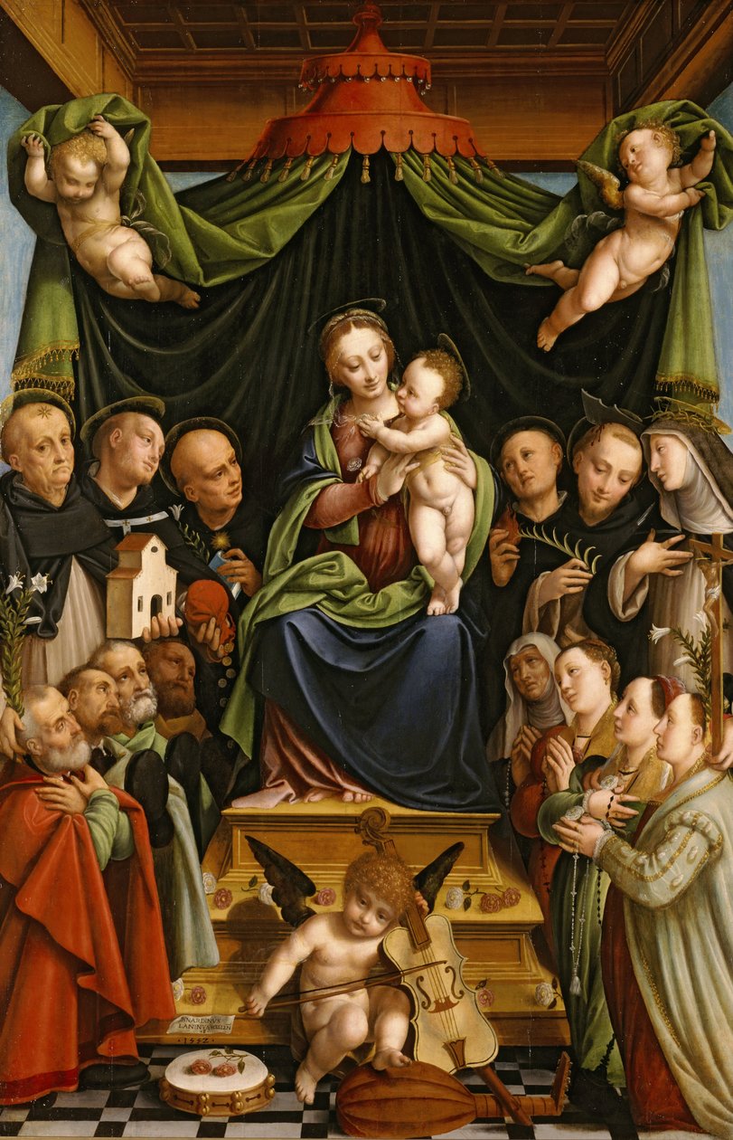 Madonna és a szentekkel és adományozókkal trónoló gyermek alkotó: Bernardino Lanino
