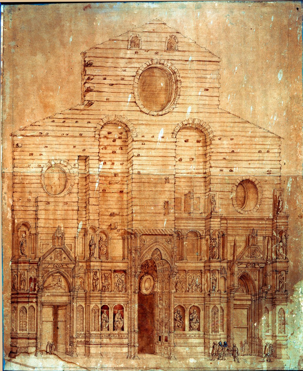 A firenzei katedrális (duomo) homlokzata. Bernardino Poccetti (Bernardino Barbatelli) rajza tollal és vérrel (1548-1612) Dim. 101x58 cm Firenze, Museo del 