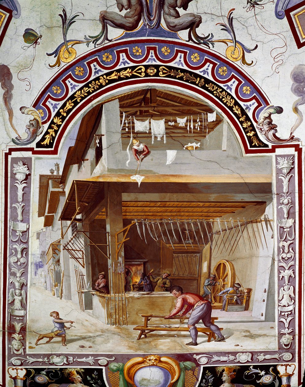 Egy fegyverkovács műhelyének ábrázolása, a kemence aljában az egyik munkás kardot készít. Bernardino Barbatelli dit Poccetti freskója (1548-1612) Firenze, Galleria degli Uffizi (Uffizi) alkotó: Bernardino Barbatelli Poccetti