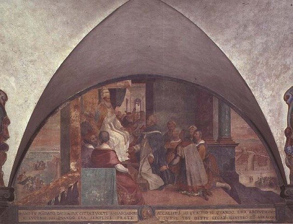 Szent Antal nagykövetként mutatkozik be III. Eugenius pápának, lunette (freskó) alkotó: Bernardino Barbatelli Poccetti