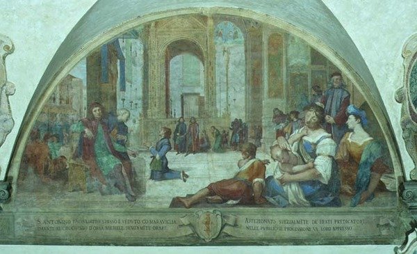 Az ifjú Szent Antal a feszület előtt imádkozik a Várostéren (freskó) alkotó: Bernardino Barbatelli Poccetti