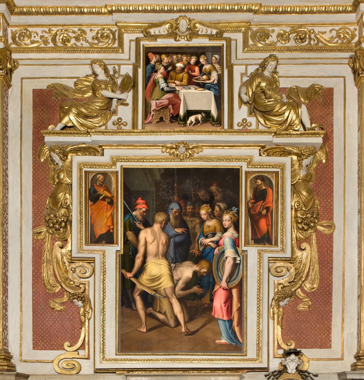 Népek Szűzanya kápolna, északi oldal második szakasza, Bernardino Campi, Keresztelő dekoltációja 1569, Oldalakon Szent Péter és Szent Pál 1520-30, Bernardino Campi, Heródes lakomája 1569 alkotó: Bernardino Campi
