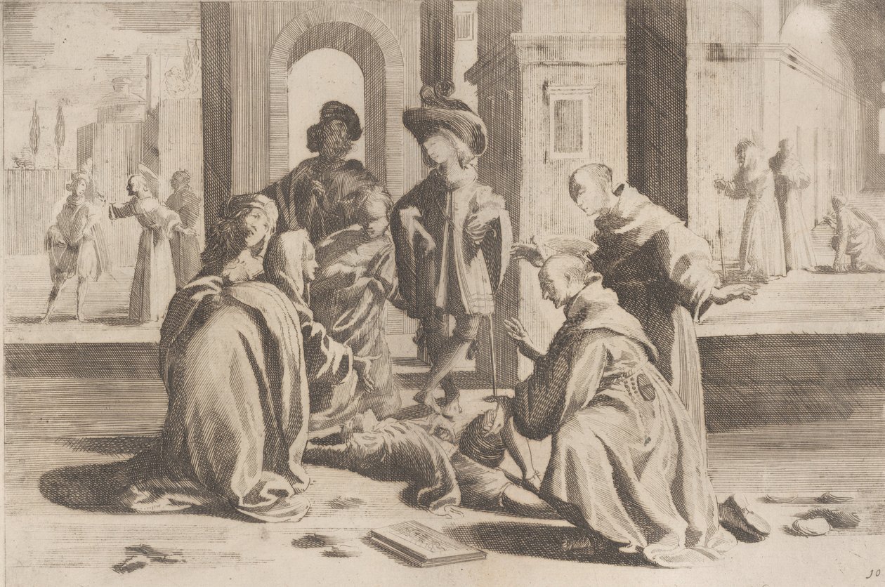 25. rész: Rómában Szent Bernardino meggyógyít egy beteg fiatalembert, 26. rész: Saint Bern..., 1610-39. alkotó: Bernardino Capitelli