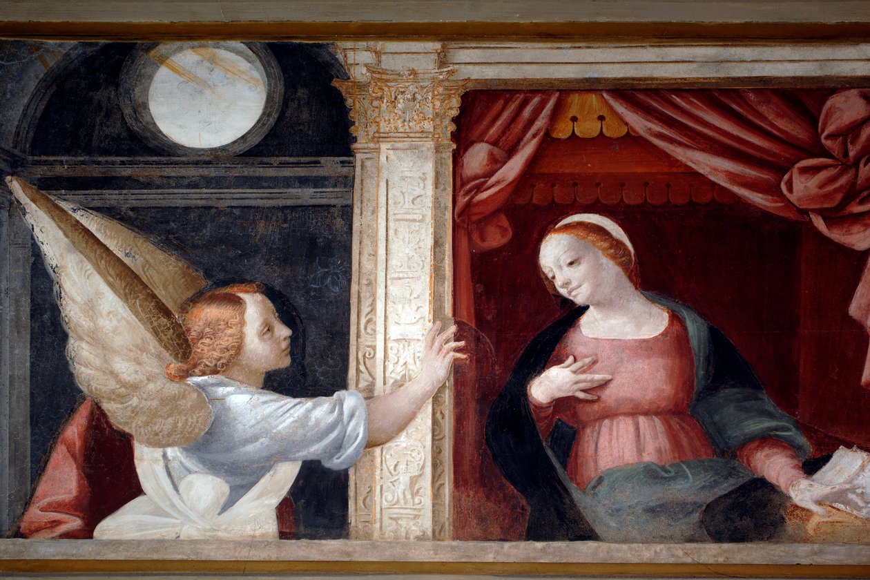 Angyali üdvözlet, részlet a Szűz ciklusából (1553), Bernardino Lanino (1512-1583) freskója, alsó sekrestye Novara katedrálisában, Piemont, Olaszország alkotó: Bernardino Lanino