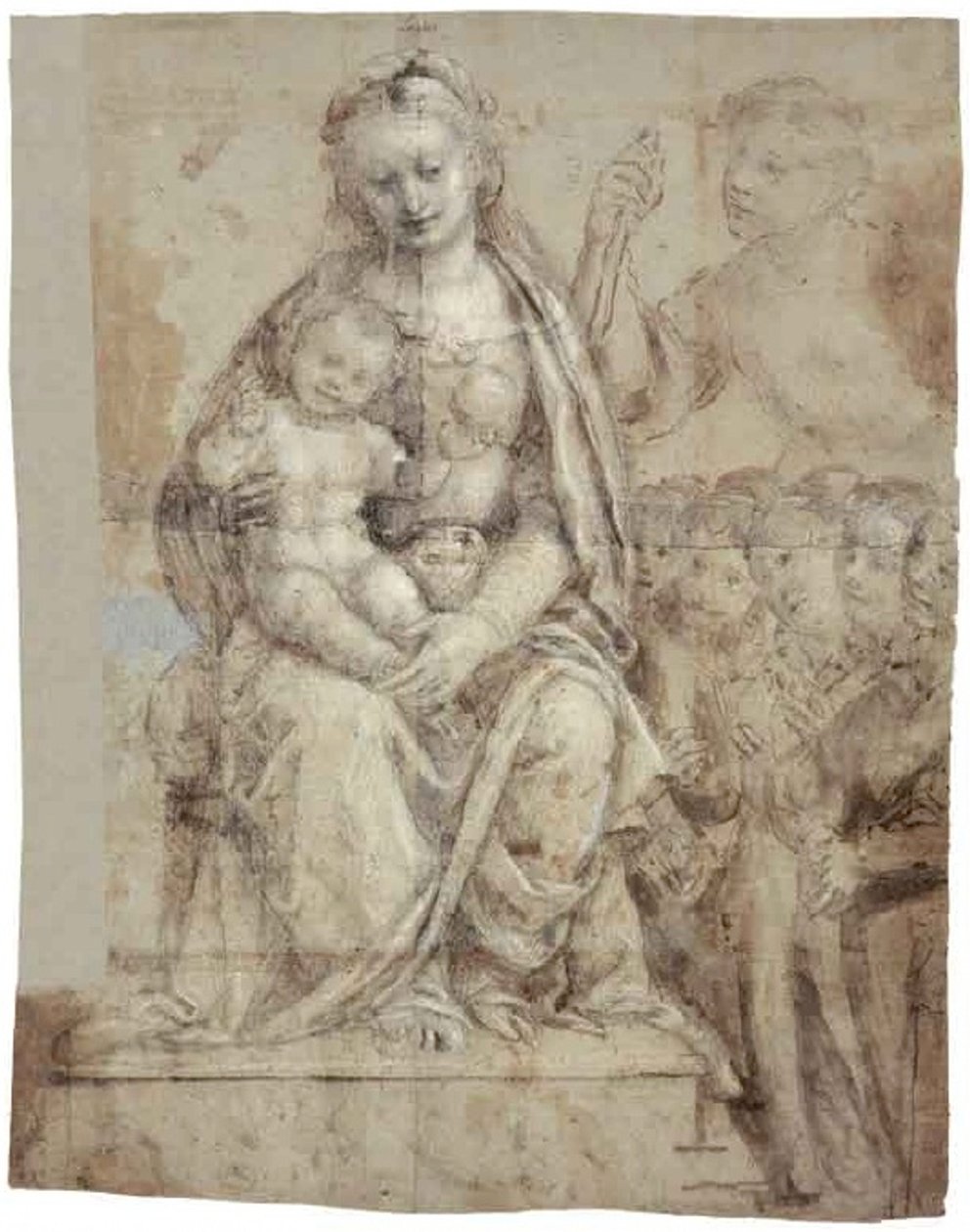 Madonna a gyermekkel, egy harcos szent (Mihály) és egy csapat hívő alkotó: Bernardino Lanino