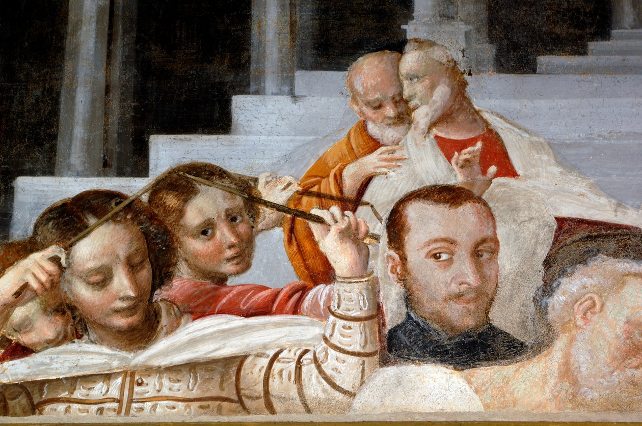 Férfi és női alakok, részlet a Szűz ciklusából (1553), Bernardino Lanino (1512-1583) freskója, alsó sekrestye Novara katedrálisában, Piemont, Olaszország alkotó: Bernardino Lanino