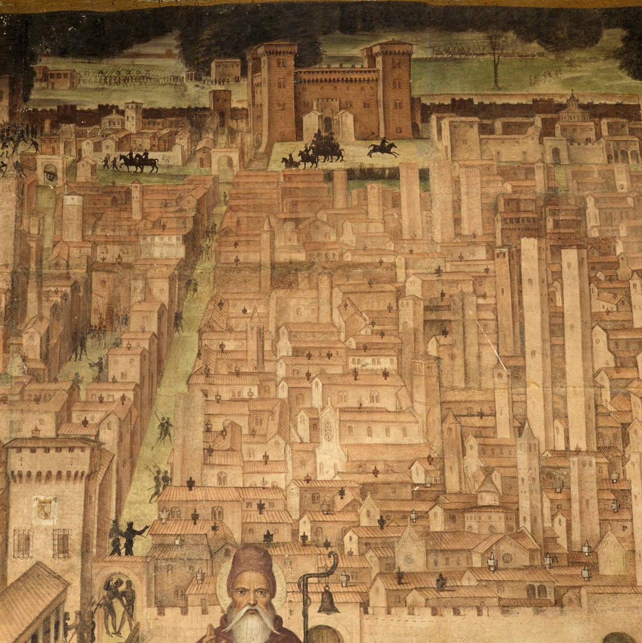 Szent Antal és Pavia látképe, részlet a Szent Teodor történetei ciklusból, Bernardino Lanzani freskói (1460-1530), Szent Theodor-templom, Pavia, Lombardia, Olaszország alkotó: Bernardino Lanzani da San Colombano