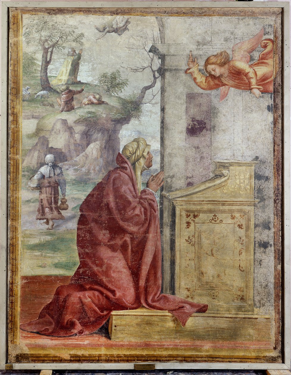 Angyali üdvözlet Szent Annának, háttérben Szent Joachim és az angyal alkotó: Bernardino Luini