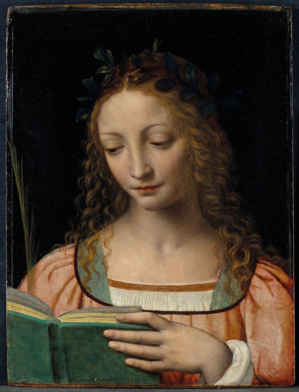 Mellhosszúságú szent alakja, tenyérrel és a szentírásokat olvasva alkotó: Bernardino Luini