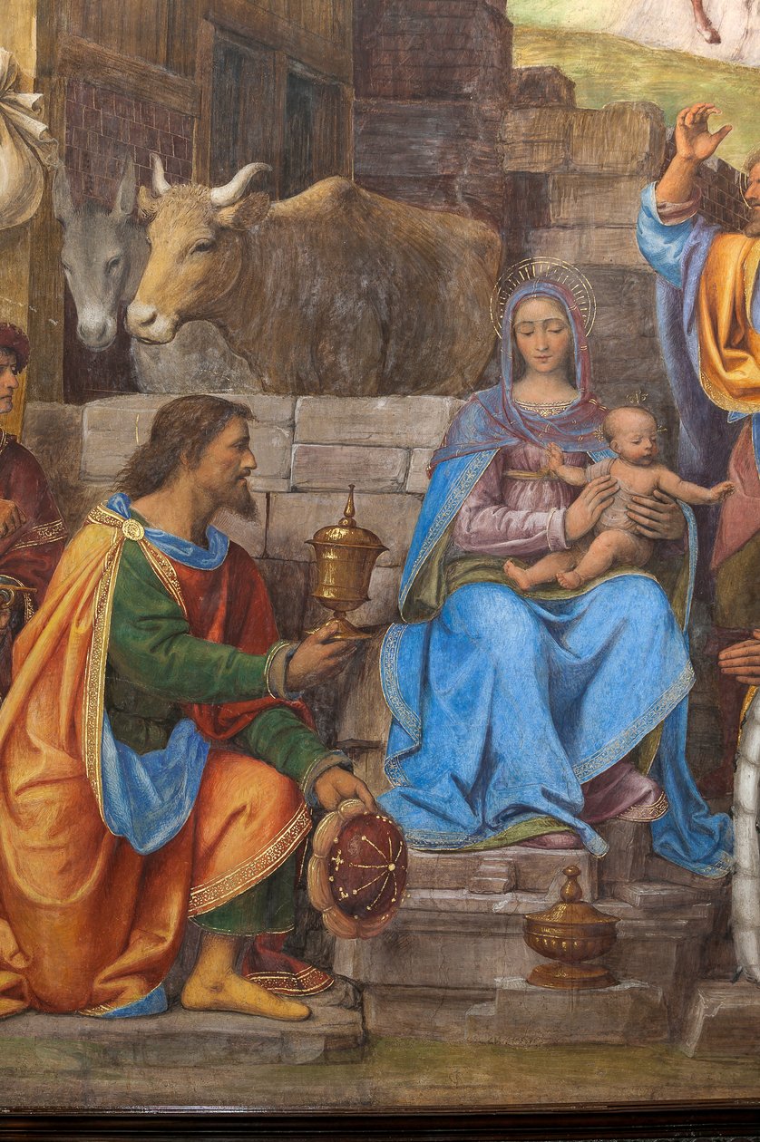 Részlet a Három bölcs imádatáról, a presbitérium vagy a főkápolna (freskó) alkotó: Bernardino Luini