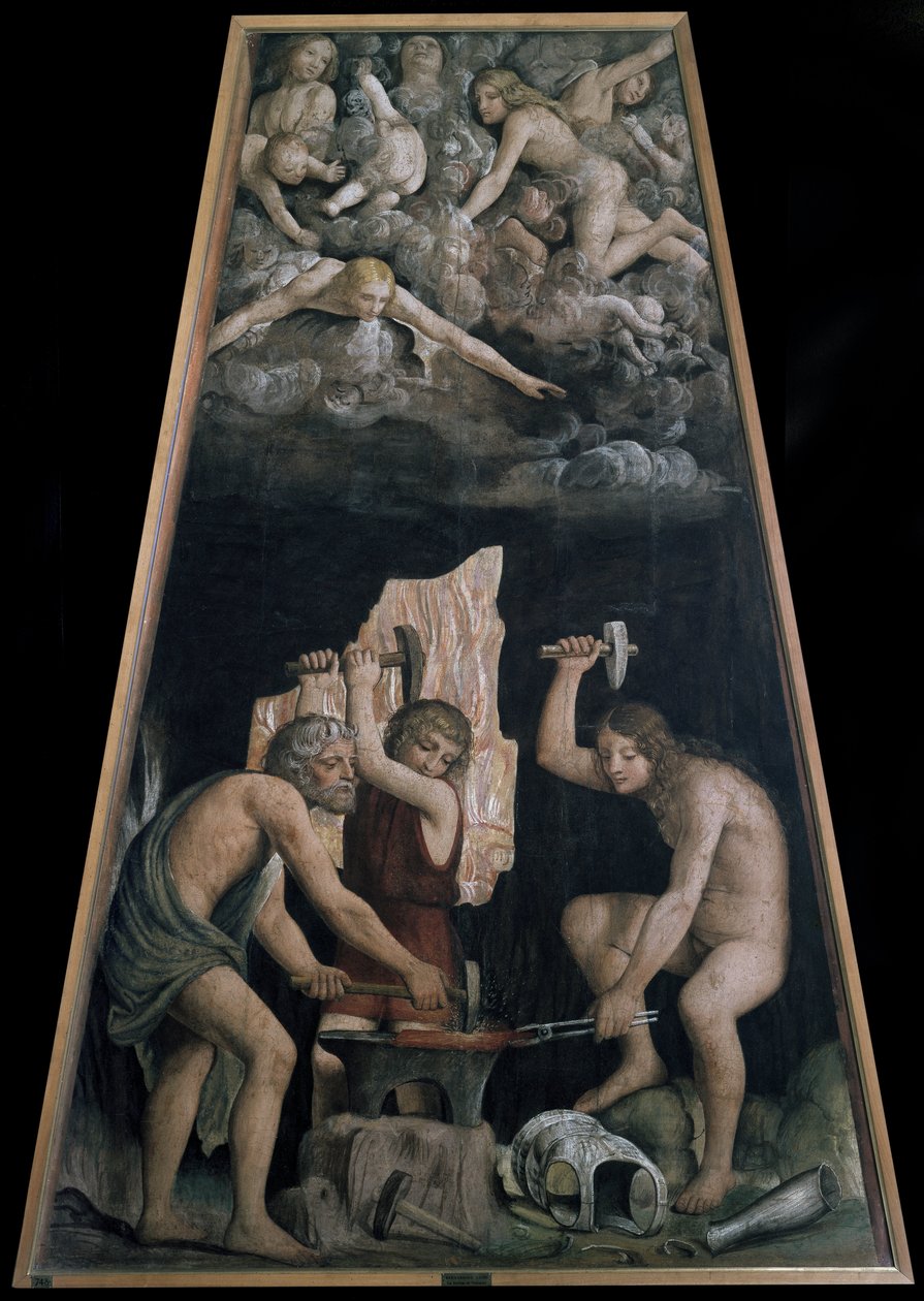 Isteni fegyvereket kovácsoltak a Vulkán Forge-jában a felhőkben heverő angyalok előtt, Részlet (Fresco alkotó: Bernardino Luini