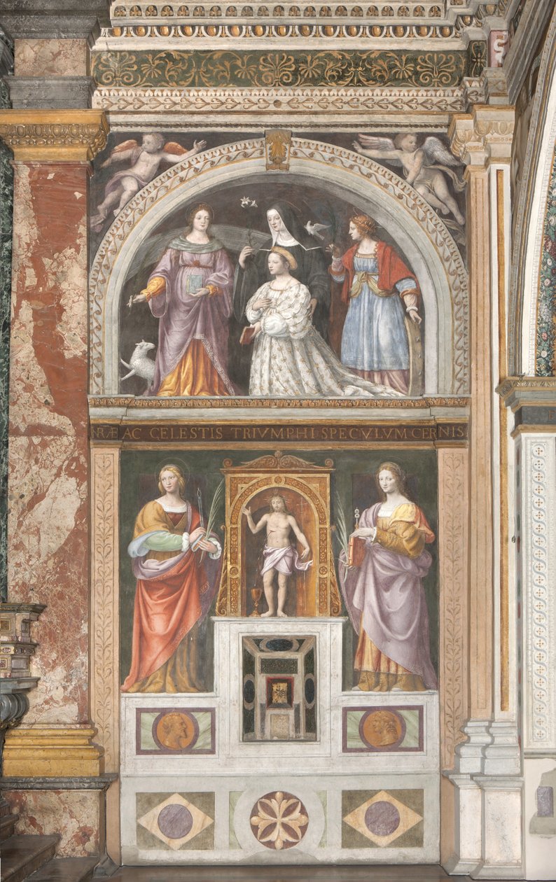 Ippolita Sforza Szent Ágnessel és Szent Katalinnal, alatta pedig Szent Apollónia és Szent Lúcia, 1522-25 körül (freskó) (3497192 részlet) alkotó: Bernardino Luini