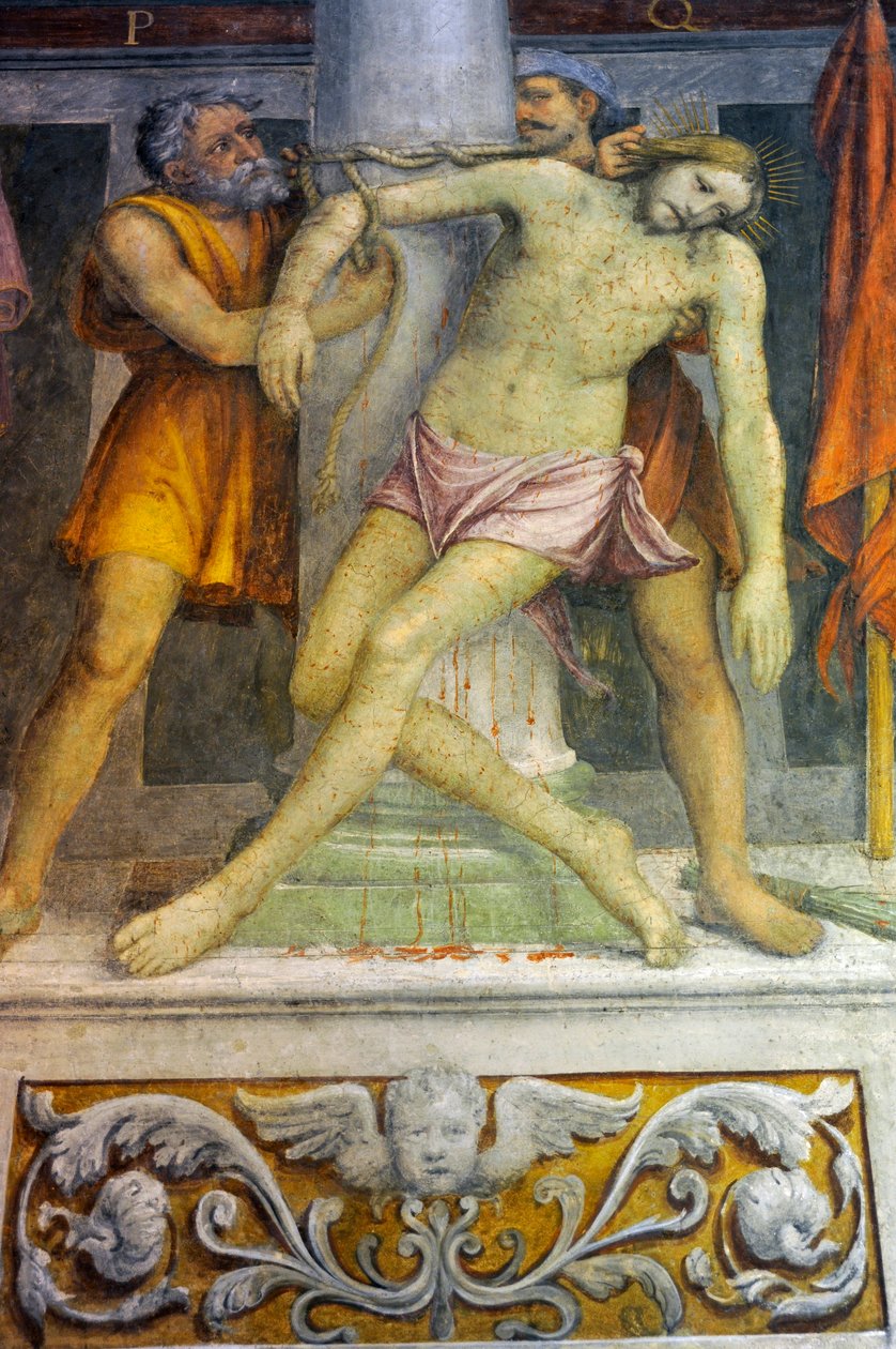 Jézus oszlophoz kötve, Bernardino Luini freskója a Szent Maurice templomban a Maggiore kolostorban, Milánó, Lombardia, Olaszország alkotó: Bernardino Luini