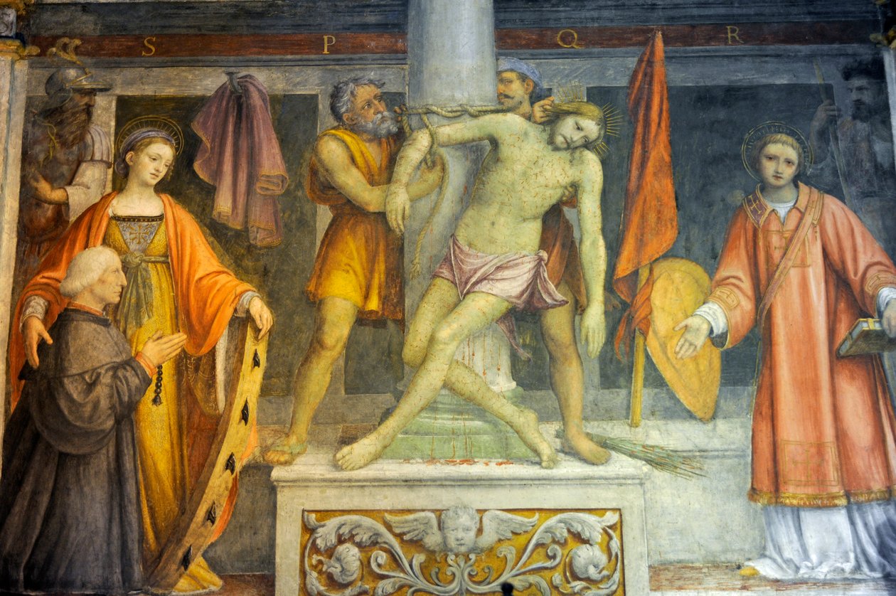 Jézus oszlophoz kötve, Bernardino Luini freskója a Szent Maurice templomban a Maggiore kolostorban, Milánó, Lombardia, Olaszország alkotó: Bernardino Luini