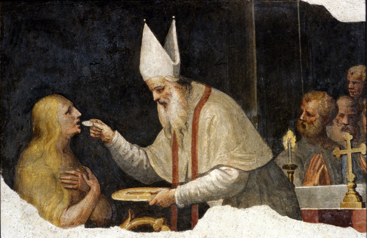 Madeleine közössége. Bernardino de Scapis Bernardino Luini freskója. 15. század. Milánó városának Sovrintenza alkotó: Bernardino Luini