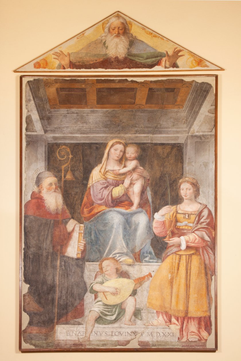Madonna és gyermeke, Nagy Szent Antal, Szent Barbara és zenész angyal alkotó: Bernardino Luini