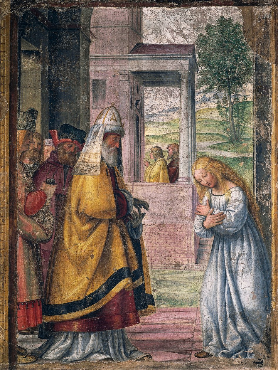Mária búcsúzik a templomban, Bernardino Luini (1480-1532) freskója a milánói Santa Maria della Pace templom Szent József kápolnájából. alkotó: Bernardino Luini