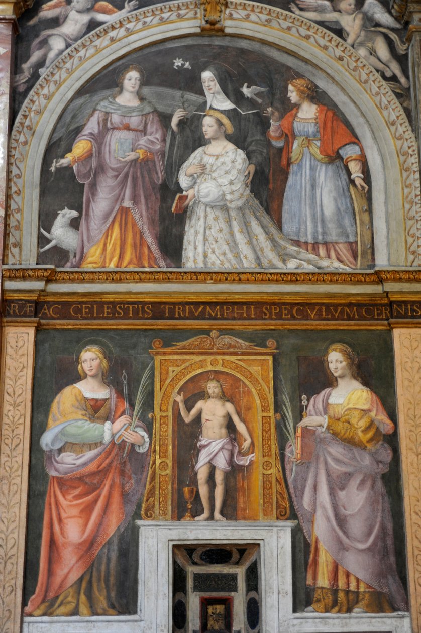 Szent Apollónia és Szent Lúcia a tetején, Ippolita Sforza szentekkel és apácákkal körülvéve, Bernardino Luini freskója a Szent Maurice templomban a Maggiore kolostorban, Milánó, Lombardia, Olaszország alkotó: Bernardino Luini