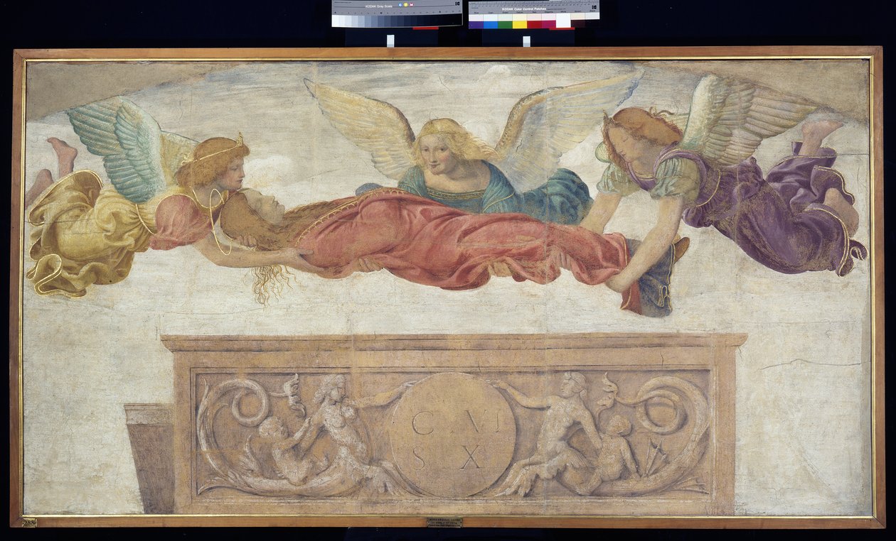 Szent Katalin angyalok által hordott teste, 1514 körül (a fedélzeten hordott különálló freskó) alkotó: Bernardino Luini