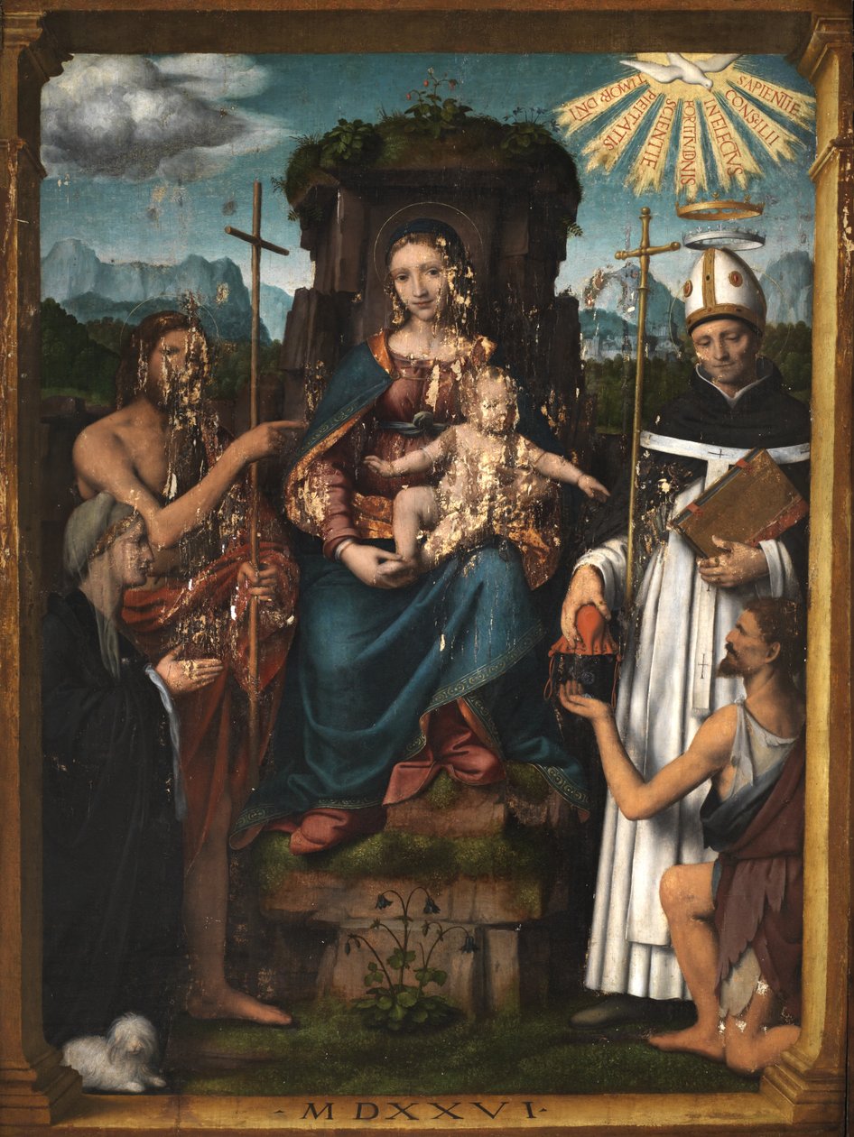 Szűz és gyermek Keresztelő Szent Jánossal, Szent Antoninusszal, női adományozóval és koldussal, 1526 alkotó: Bernardino Luini