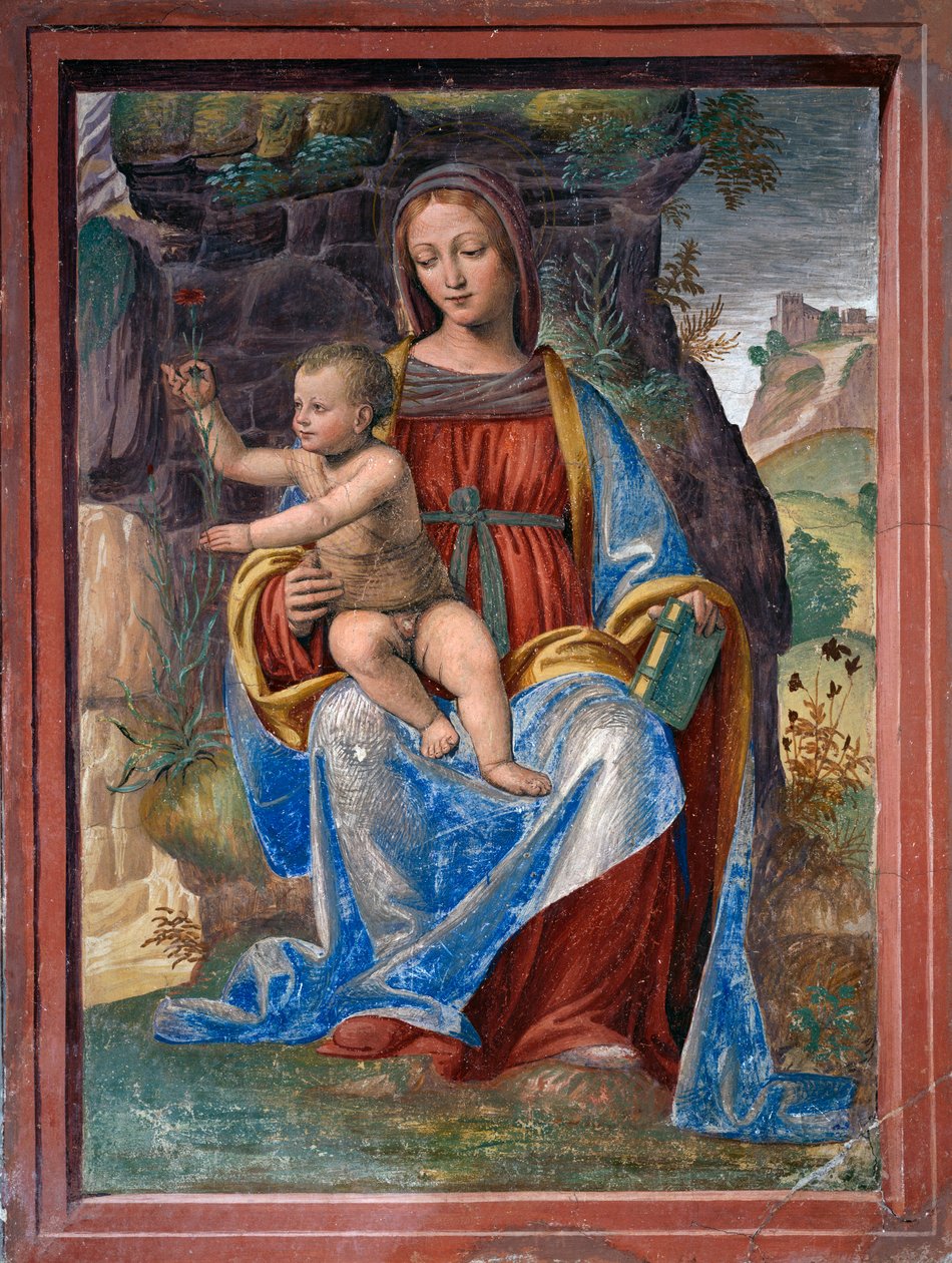 Szűz és gyermek, Bernardino Luini freskója (kb. 1480-1532), Lavabo Room or Vestry, Lombardia, Olaszország alkotó: Bernardino Luini