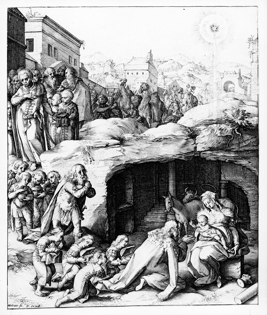 A Mágusok imádása, Hendrik Goltzius metszete, 1585 körül alkotó: Bernardino Passeri