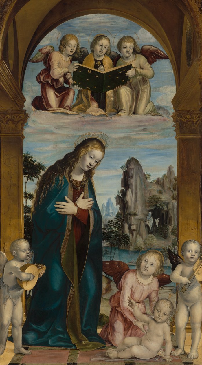 Madonna imádja a gyermeket zenélő angyalokkal alkotó: Bernardino Zenale
