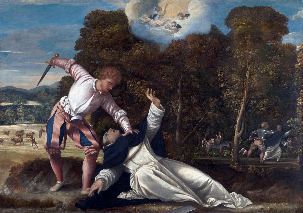 Veronai Szent Péter halála - Bernardino da Asola festménye (aktív 1525-1550), olaj, vászon (102x144,8 cm), 1540 körül - (Szent Péter vértanú halála, Bernardino da Asola olaj, vászon alkotó: Bernardino da Asola
