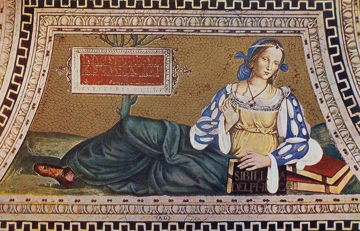 Delphoi Szibilla, metszet Bernardino Pinturicchio (kb. 1452-1513) mozaikjából a római Santa Maria del Popolo templomban alkotó: Bernardino di Betto (after) Pinturicchio