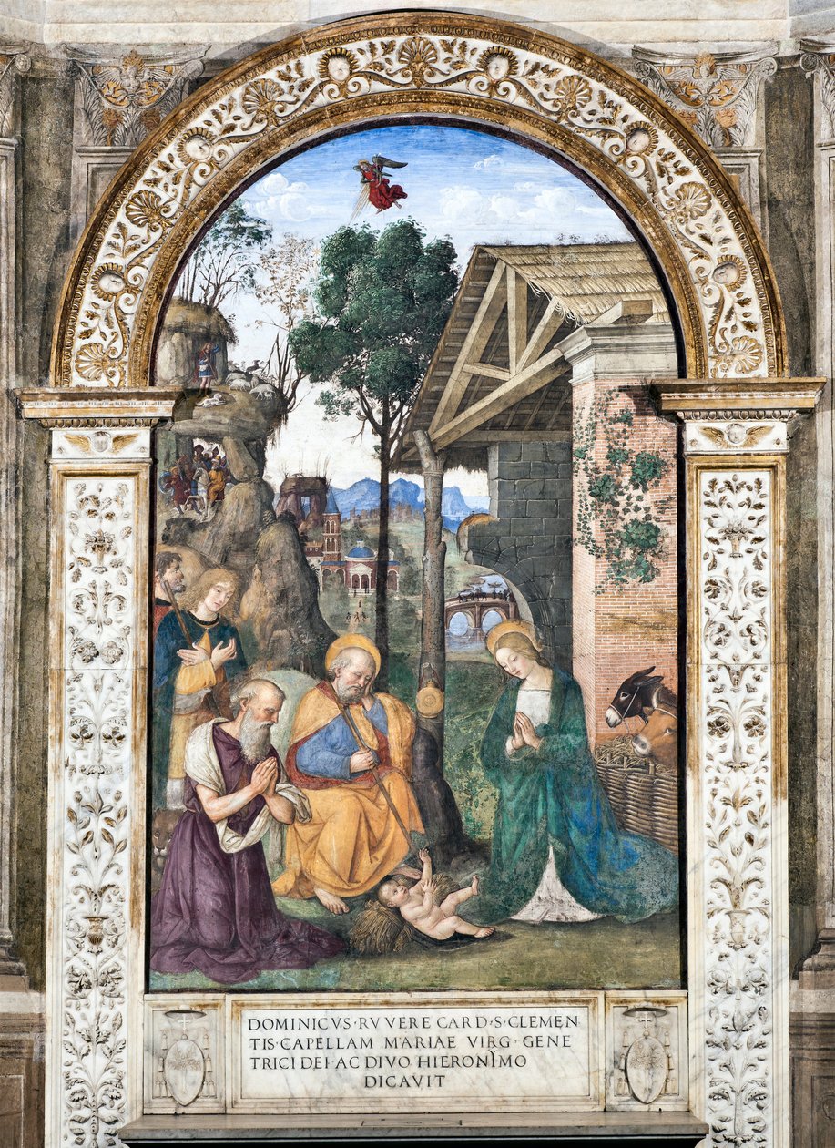 Pásztorok imádása Pinturicchio (Bernardino di Betto) freskója (1454-1513) 1484-1492 Santa Maria del Popolo-bazilika (Santa Maria del Popolo-templom), Cappella Basso della Rovere Róma Olaszország alkotó: Bernardino di Betto Pinturicchio