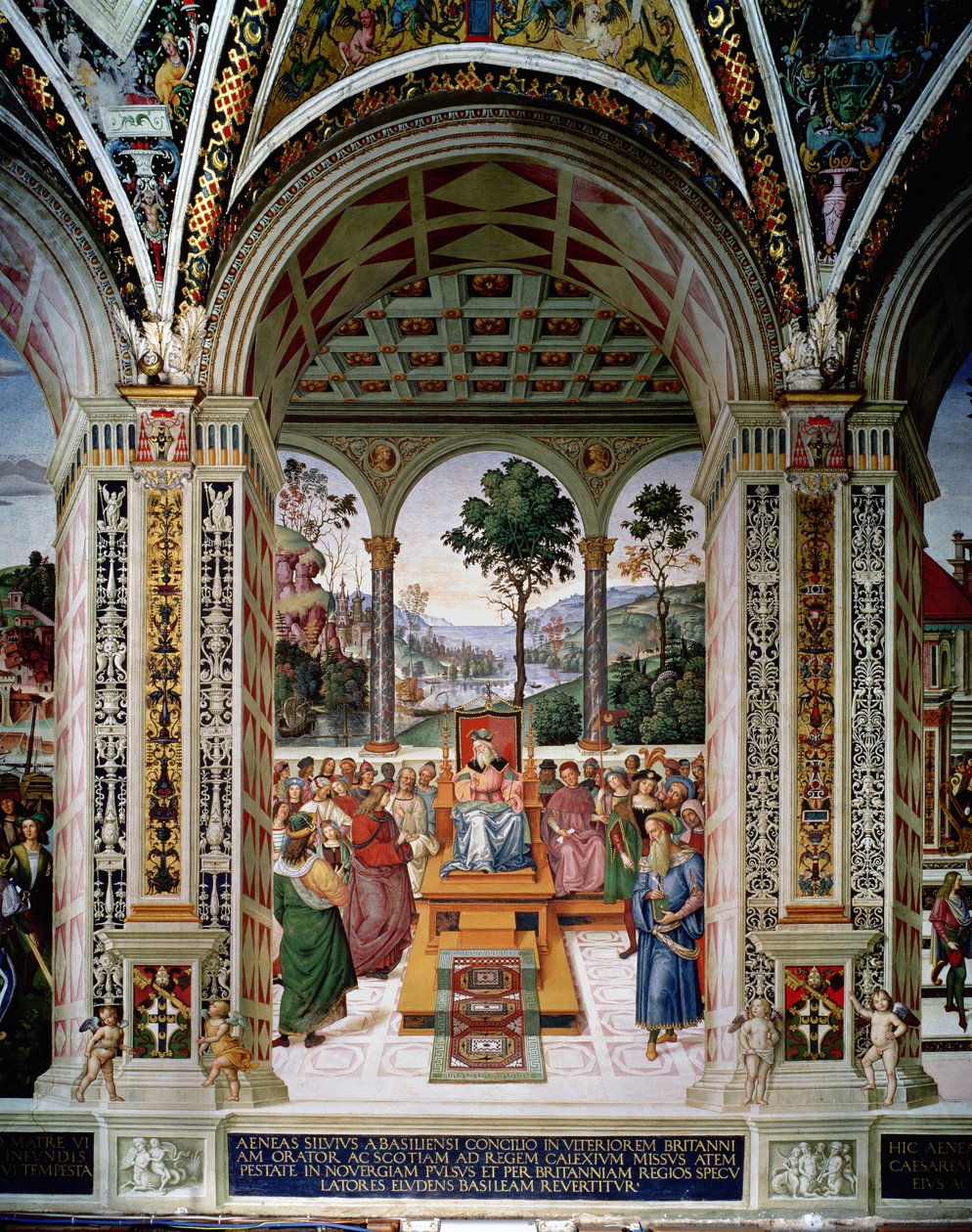 Aeneas Sylvius Piccolomini (1405-64) beszédet mond I. Jakab skót király (1394-1437) előtt 1435-ben alkotó: Bernardino di Betto Pinturicchio